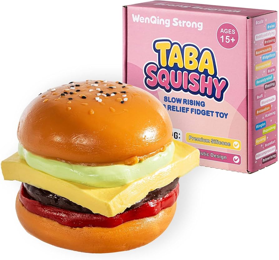 Hamburger Taba Squishy Toy, Relief Stress Relief Slow Rising Fidget Adult Realistic Food Replica with Sesame Seeds Handmade Soft Silicone Squeeze Toy Gift