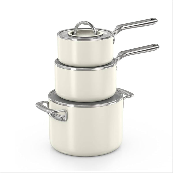 Ninja NeverQuit™ 6-Piece Ceramic Cookware Set, CQ19006BL4
Nontoxic¹, nonstick ceramic-coated cookware set; 1.5qt & 2.5qt saucepan, 6qt stock pot, glass LayFlat™ lids, 3-year guarantee