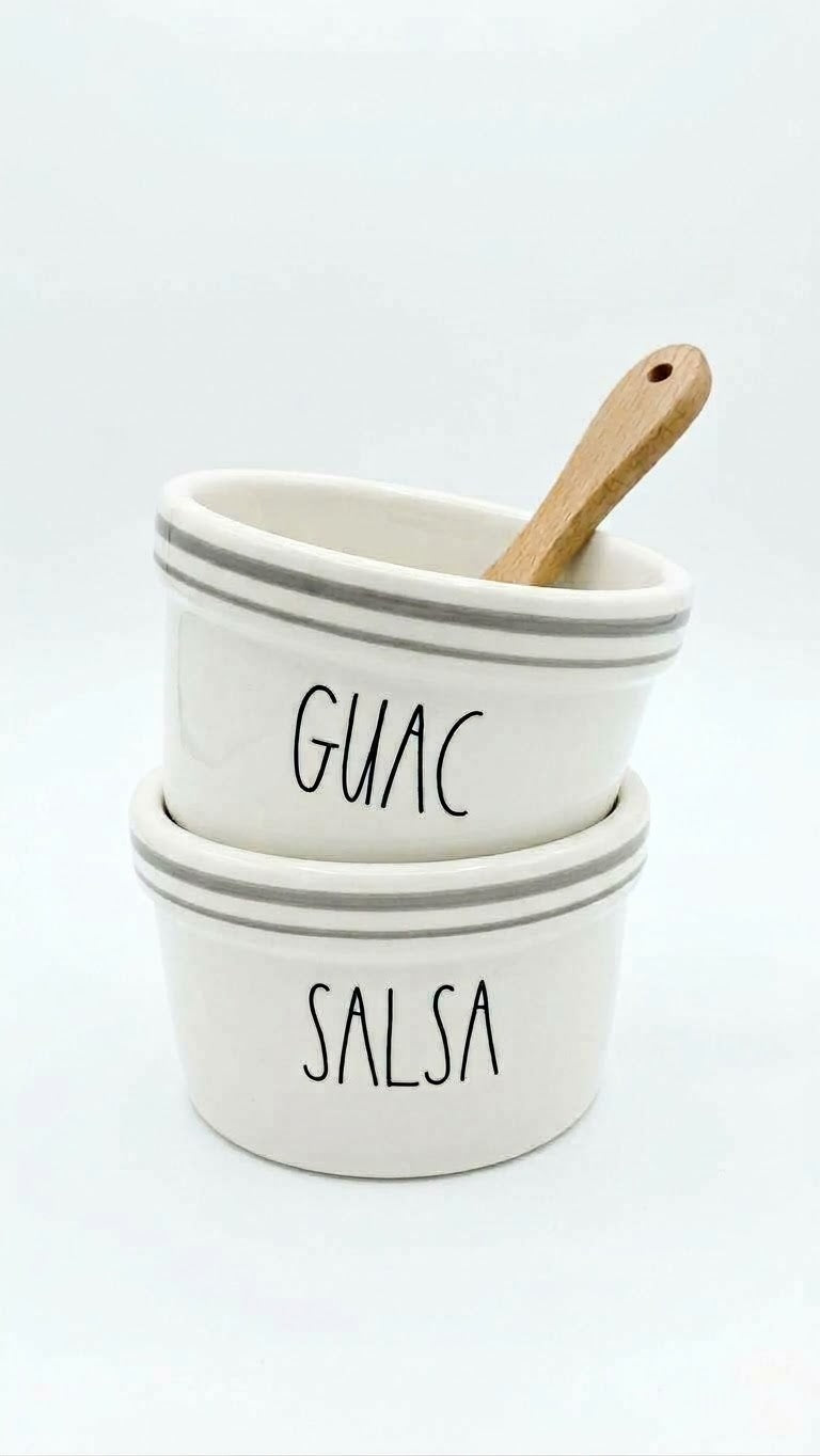 Mud Pie "GUAC" & "SALSA" Ceramic Dip Bowl Set with Wooden Spoon