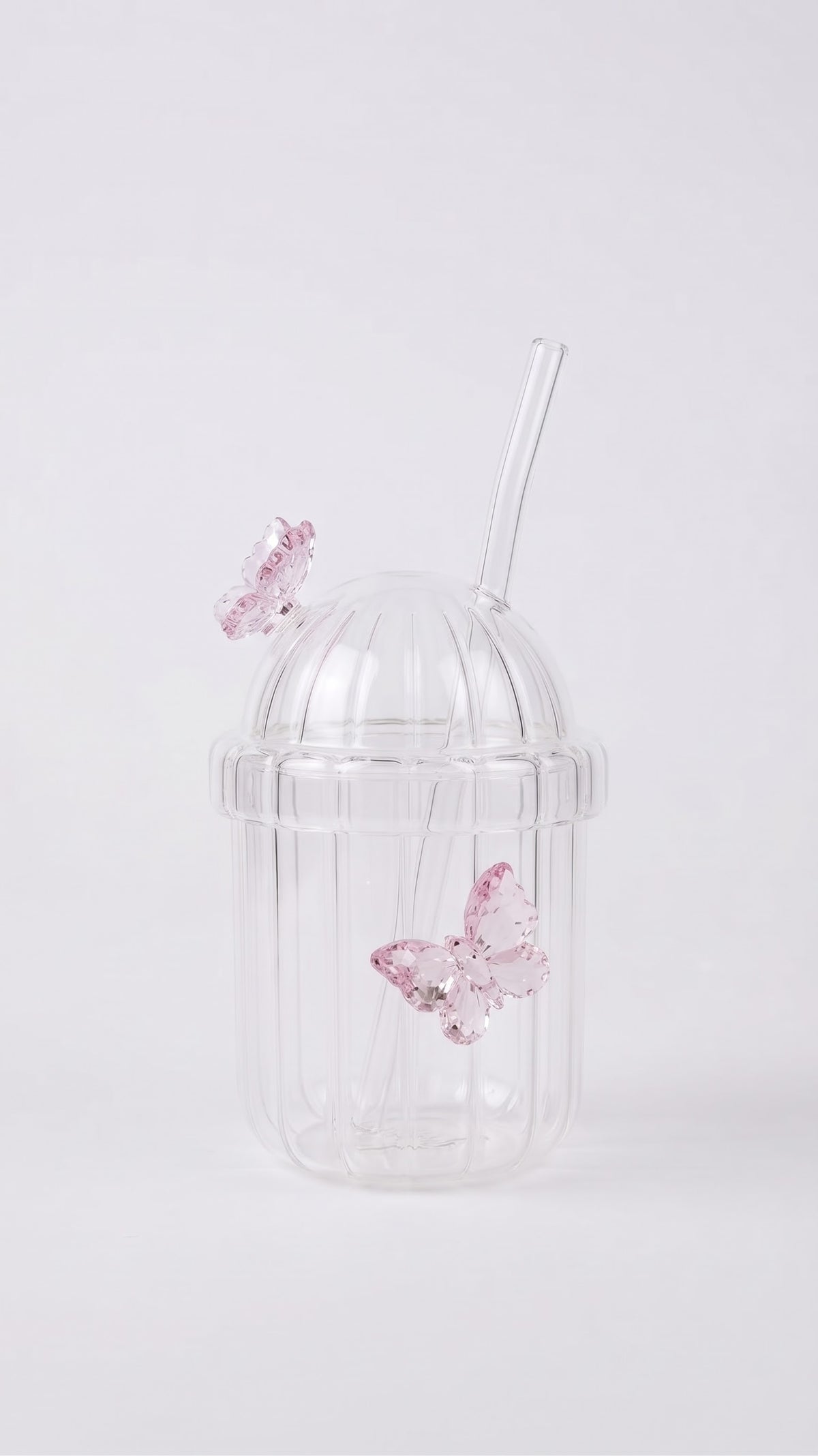 Transparent Cup With Bink Butterfly With Straw
