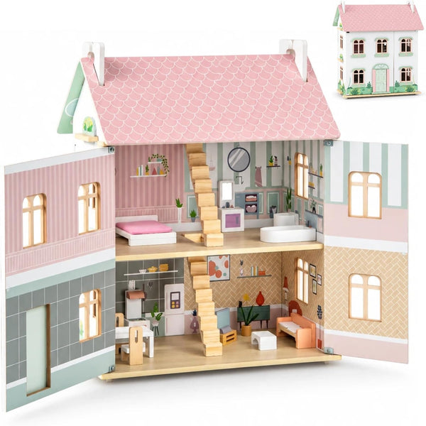 HONEY JOY Doll House, 3-Story Wooden Dollhouse Playset w/Double-Sided Roofs, 5 Rooms, 19 Accessories & Miniature Furniture, Pretend Play Toddler Big Doll House, Gift for Kids Aged 3+ (Pink, 2.2 FT)